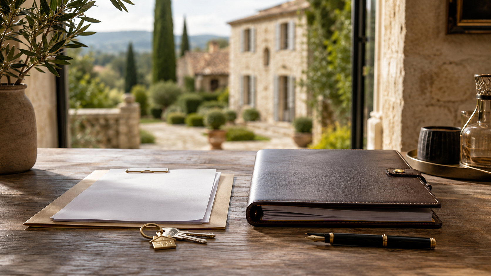 Parapheur en cuir et documents d'estimation sur un bureau
