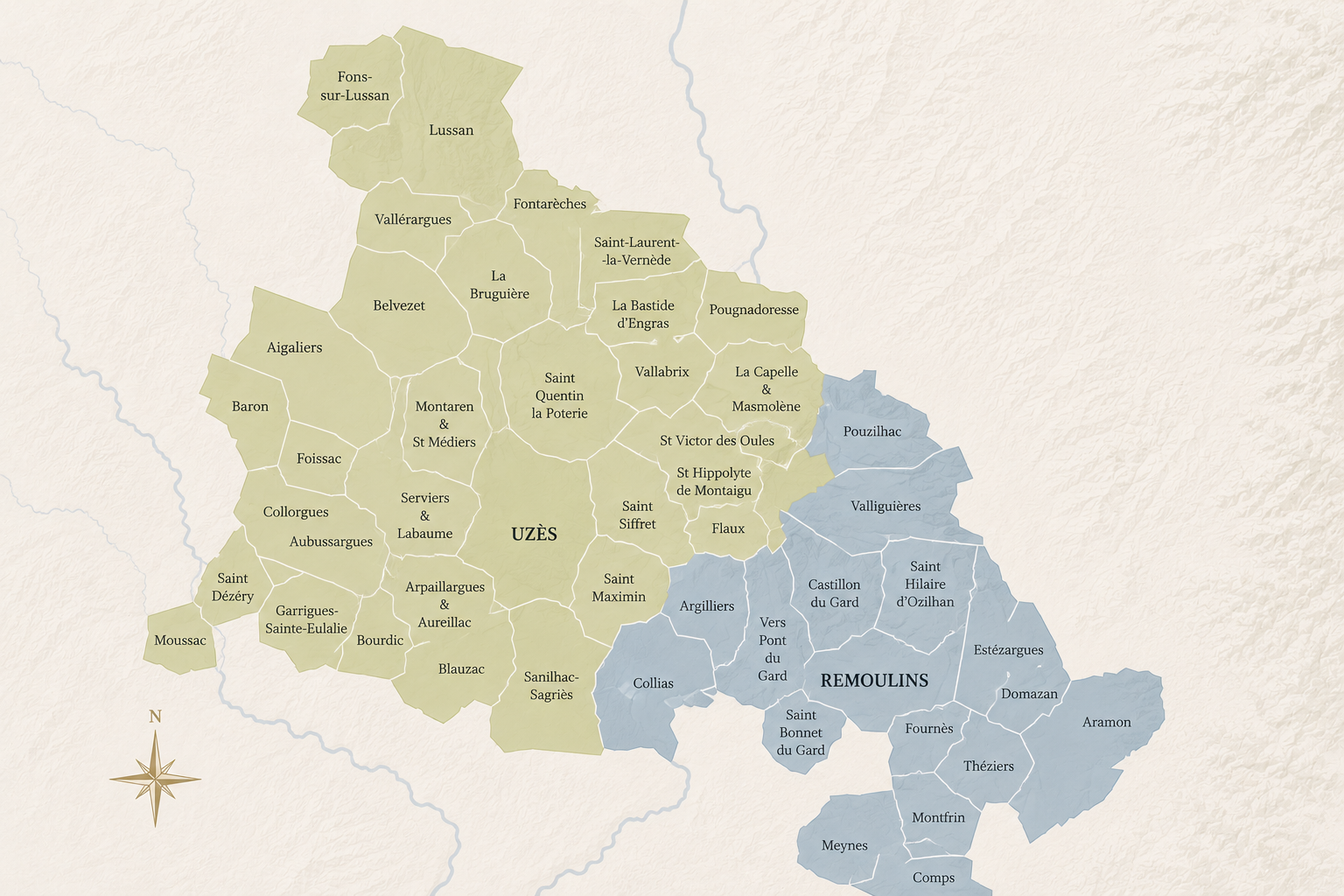 Carte des communes du Pays d'Uzès et du secteur du Pont du Gard