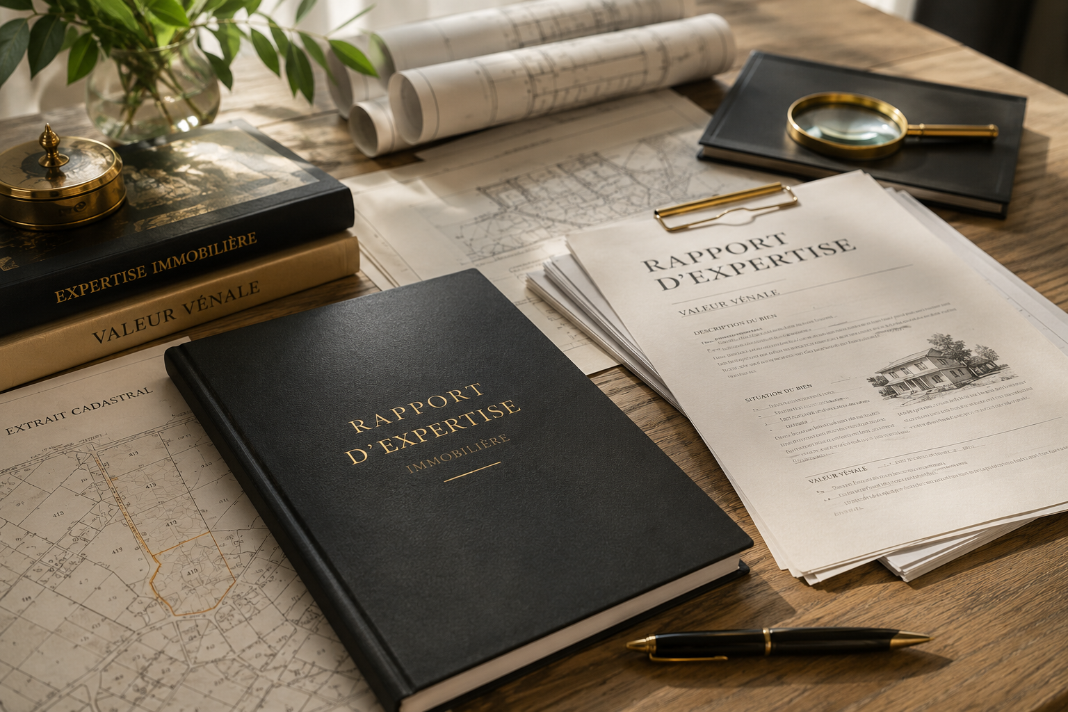 Rapport d'expertise haut de gamme sur une table avec plans cadastraux